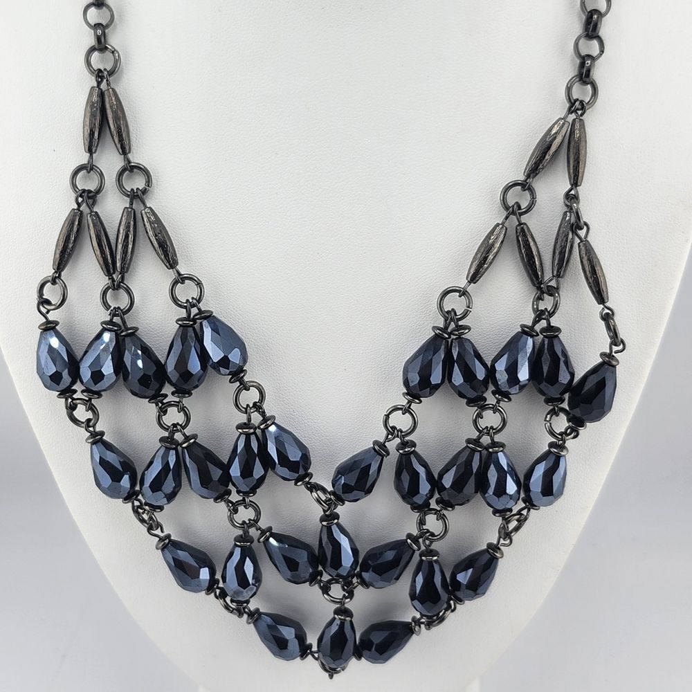 Blue Metallic Bead Gun Metal Statement‎ Bib Necklace